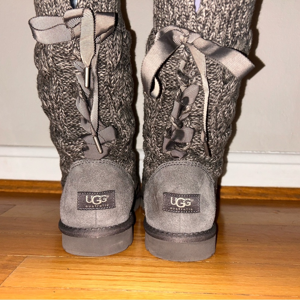 UGG Charcoal Knit Boots with Ribbon Accents